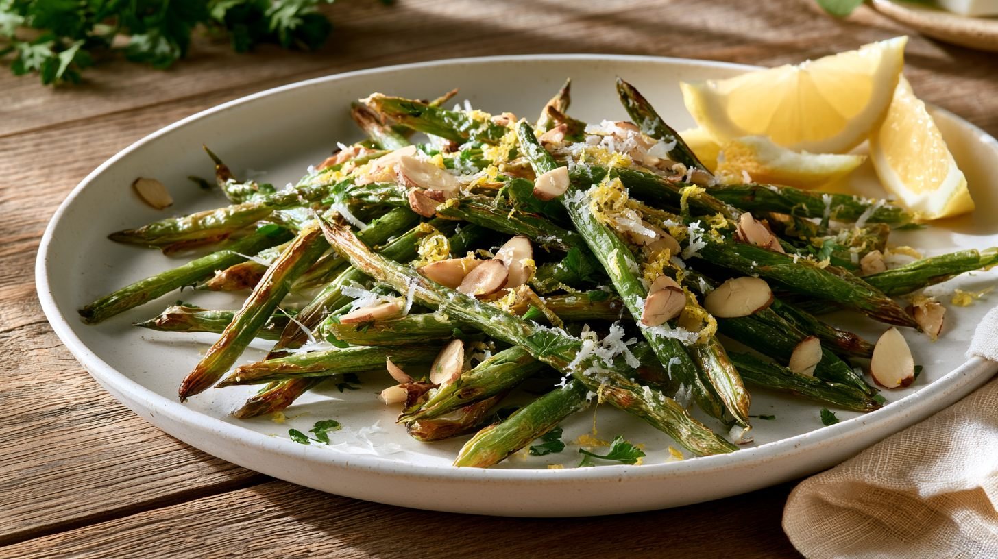 Crispy roasted green beans topped with Parmesan, almonds, and lemon zest on a white serving plate.