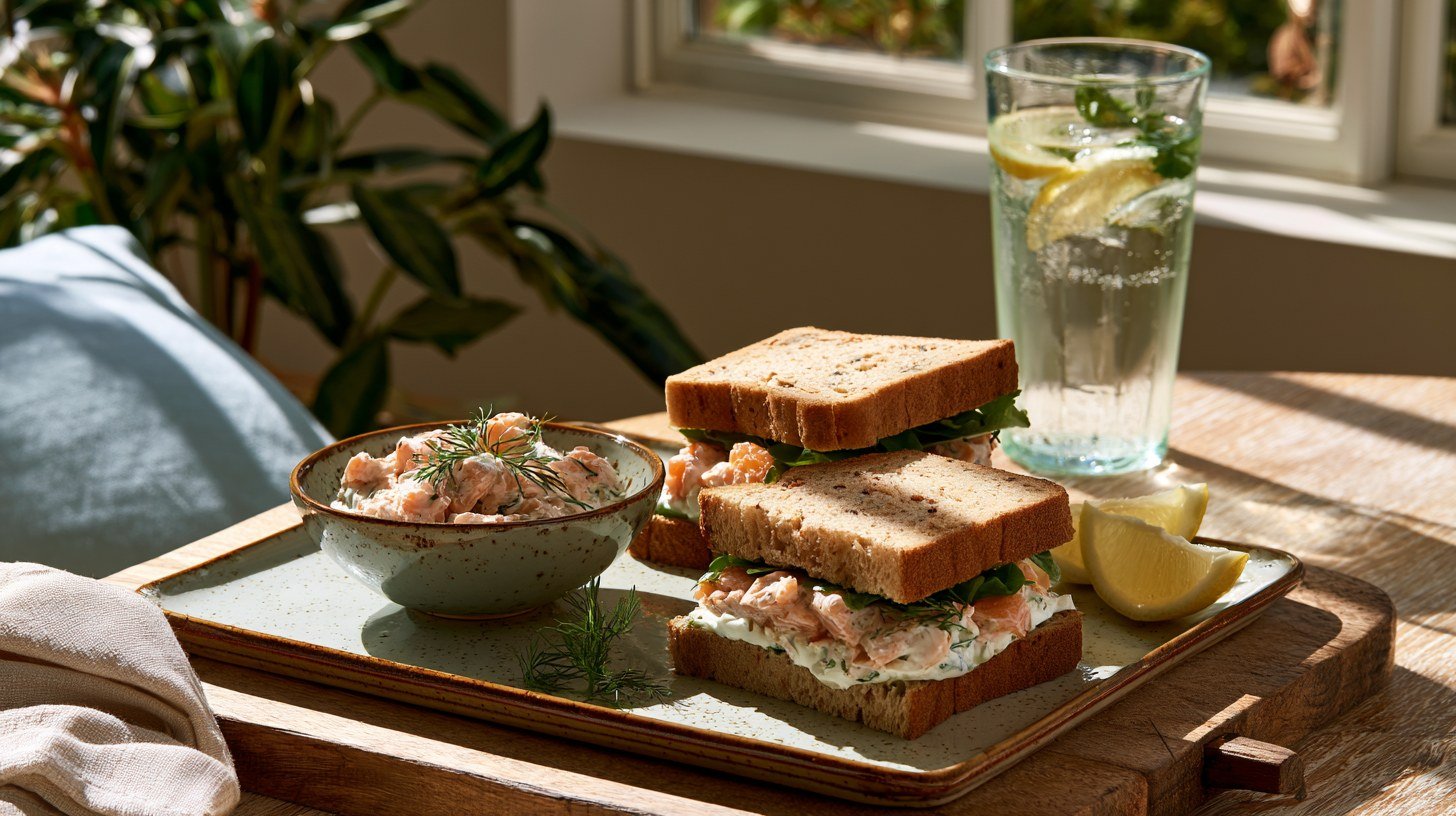 Finished salmon sandwiches ready to serve with lemon wedges.