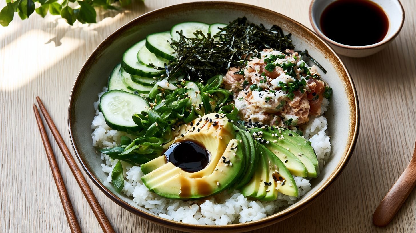 Fresh tuna avocado rice bowl with sushi rice, creamy avocado, seasoned tuna, cucumber, sesame seeds, and green onions.