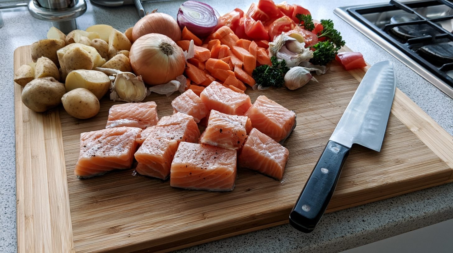 Preparing salmon and vegetables for salmon stew.