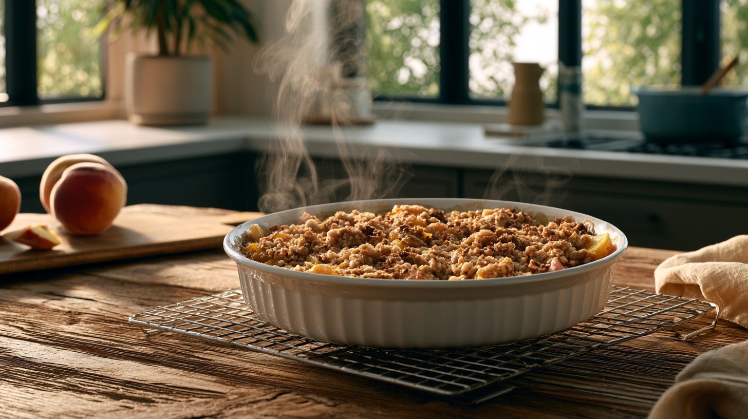 Fresh peach crisp cooling before serving.