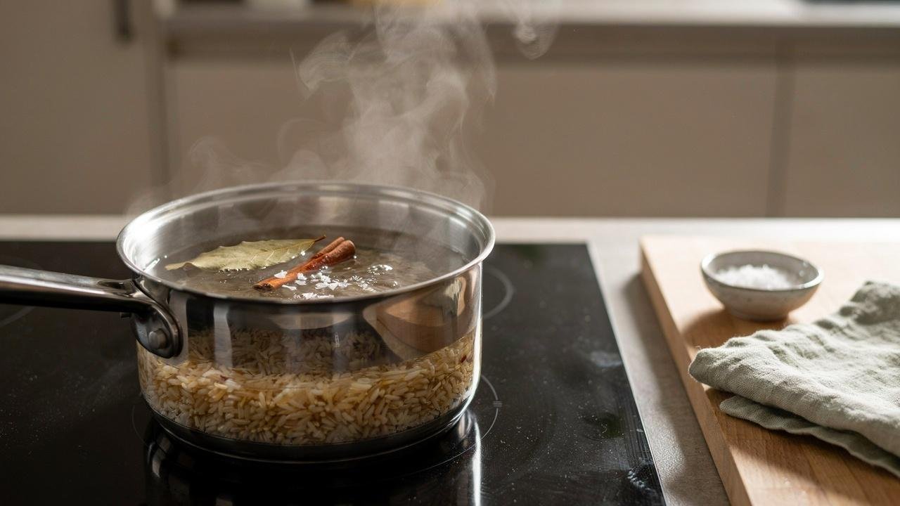Brown basmati rice boiling in a saucepan with water, salt, a bay leaf, and a cinnamon stick.