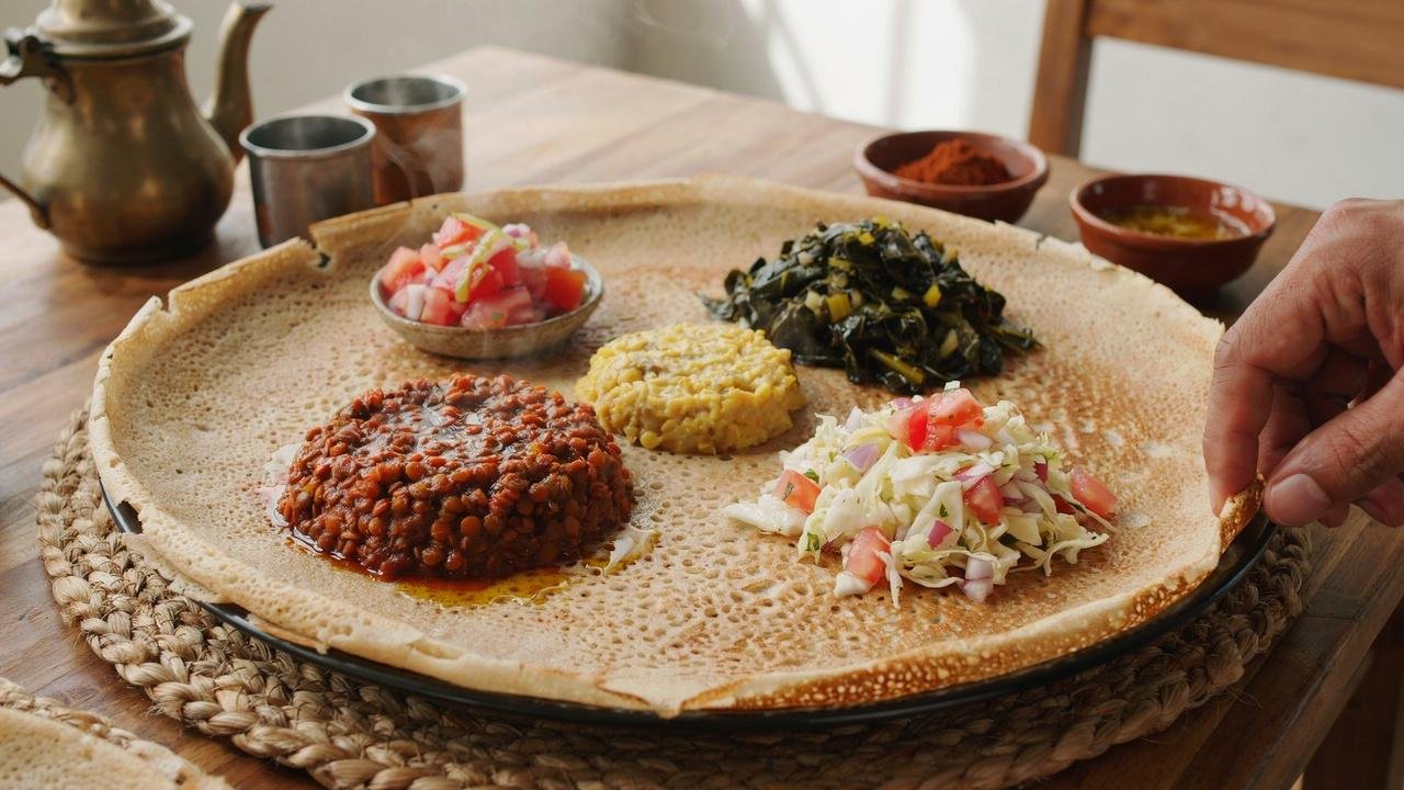 Traditional side dishes served with Misir Wot.