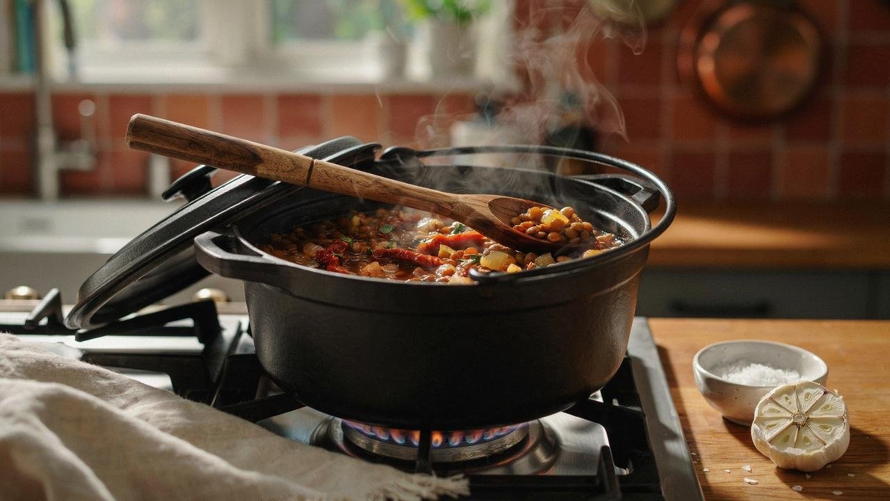 Lentils simmering with onions, garlic, and sun dried tomatoes in a pot on low heat.