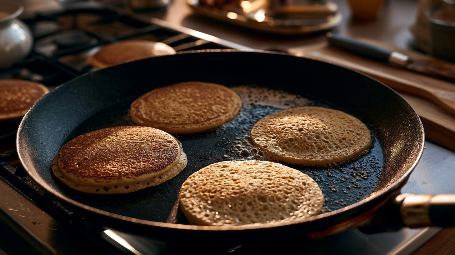 Greek yogurt pancakes cooking until golden brown on a griddle.
