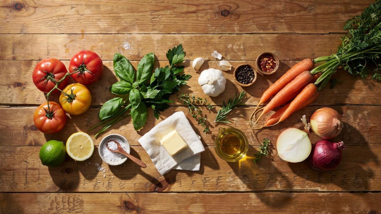 Fresh cooking ingredients neatly arranged on a rustic wooden countertop, ready for meal preparation.