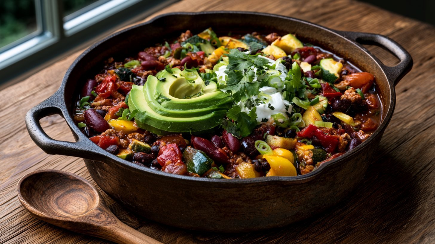 Healthy chili recipe made with lean meat, beans, vegetables, and fresh toppings in a rustic bowl.