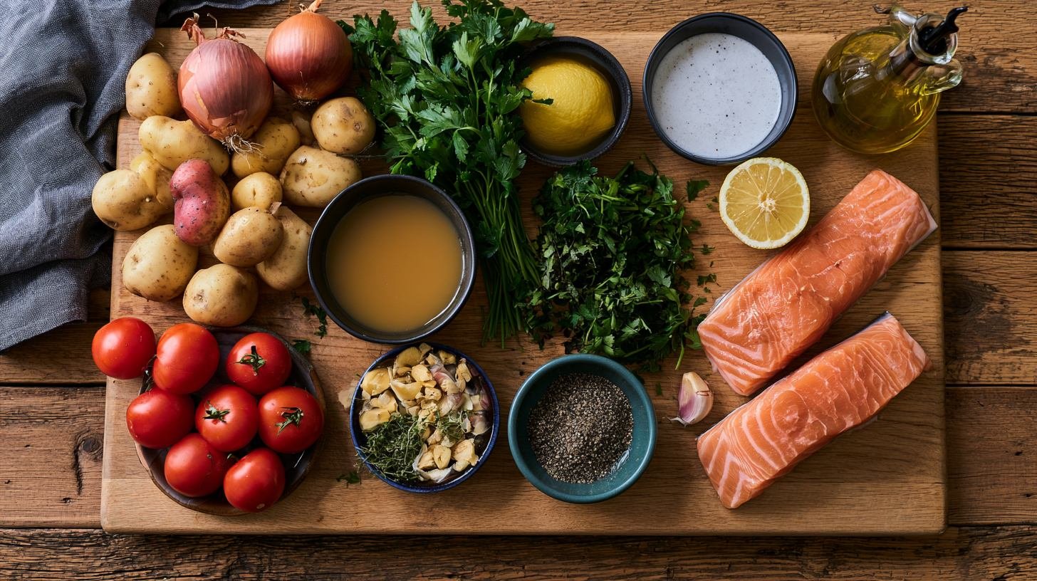 Fresh ingredients needed to make homemade salmon stew.