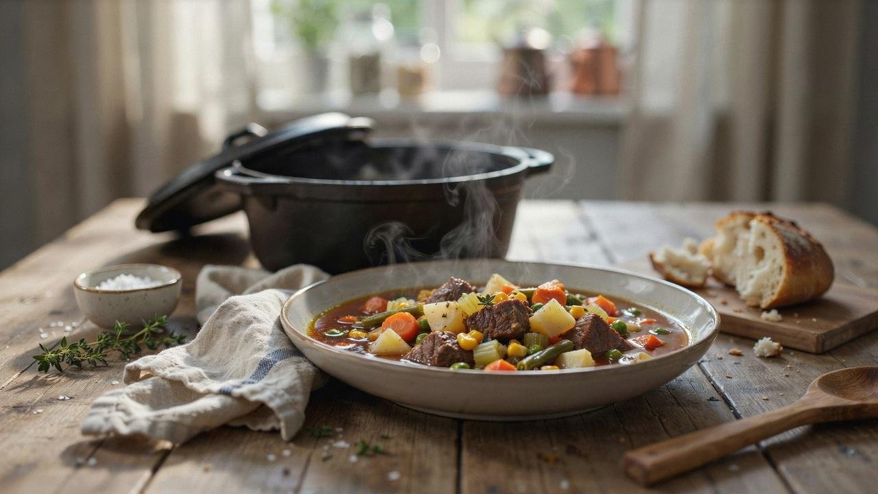 Bowl of old fashioned vegetable beef soup with tender beef and vegetables in rich broth.