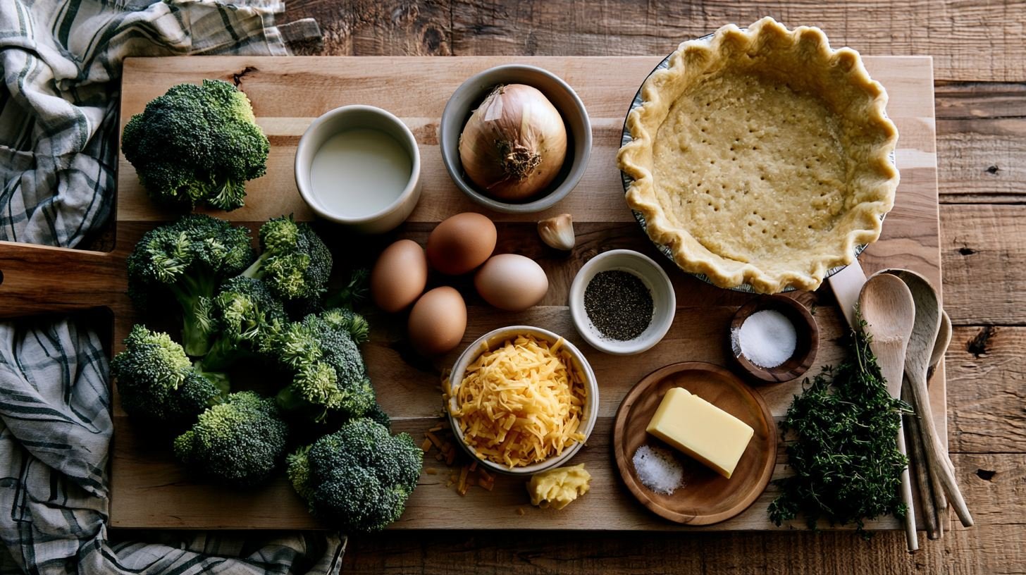 Ingredients needed for homemade broccoli quiche recipe.