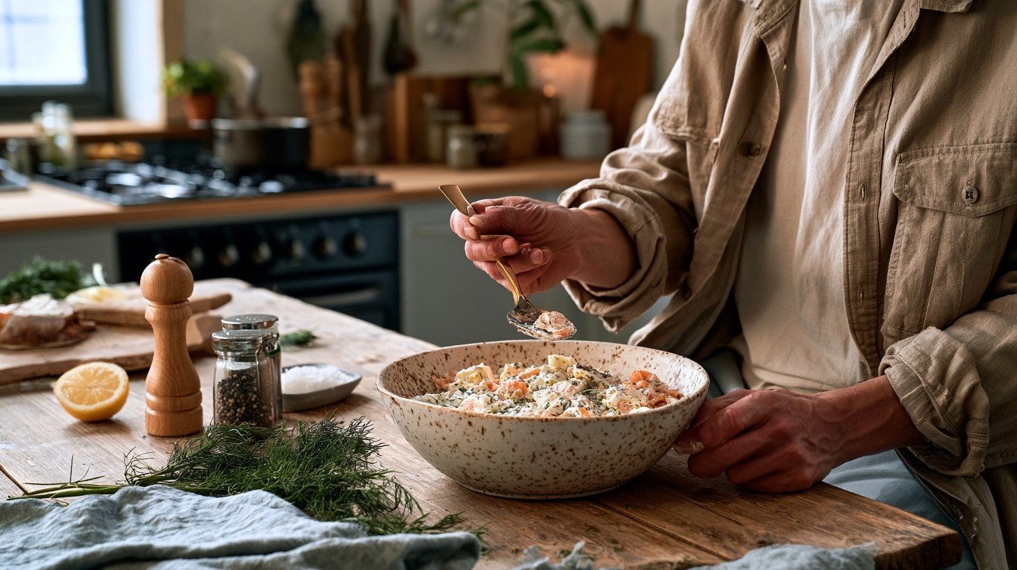 Adjusting seasoning in homemade salmon salad.