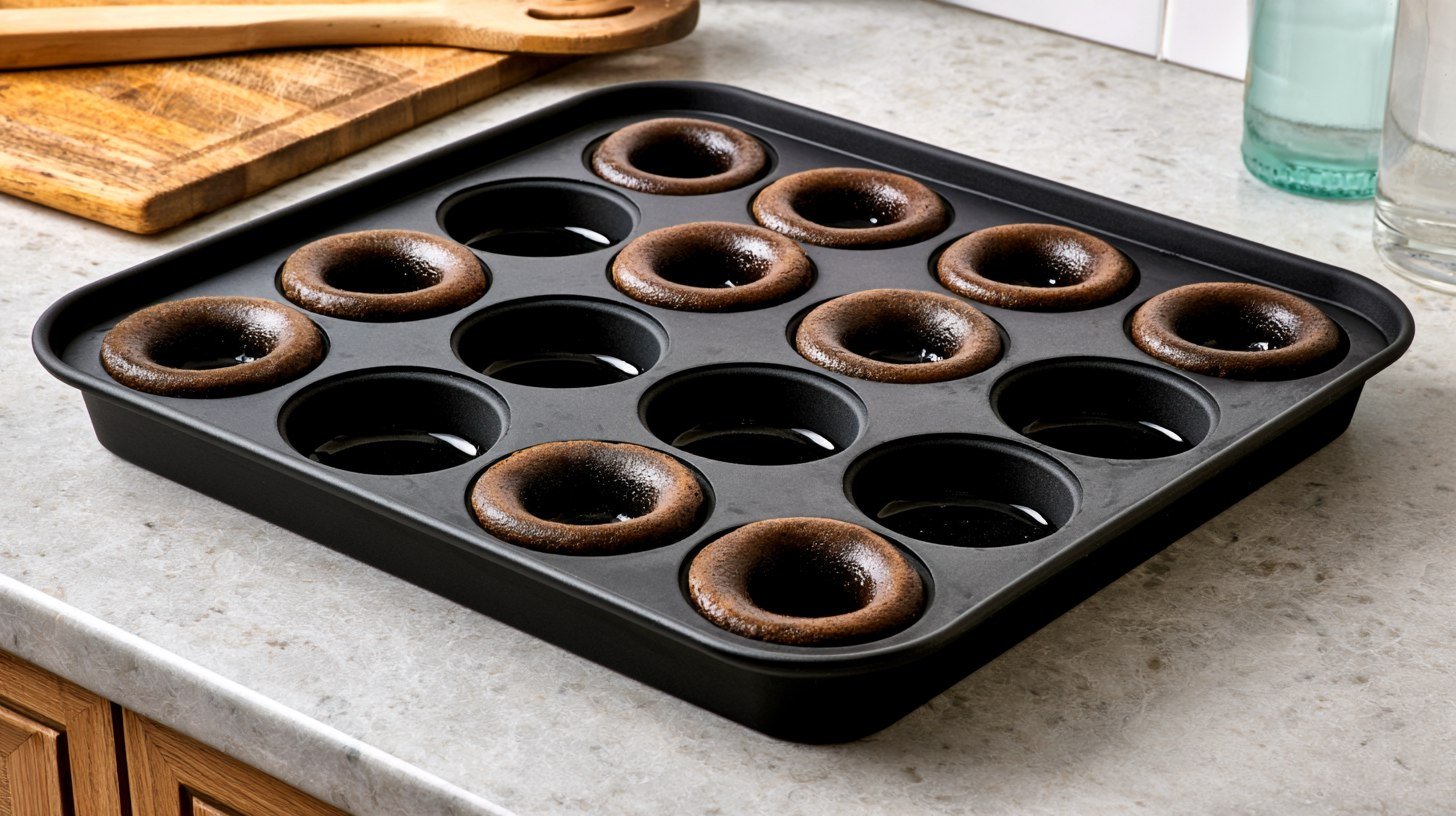 Preparing a donut pan for baking.