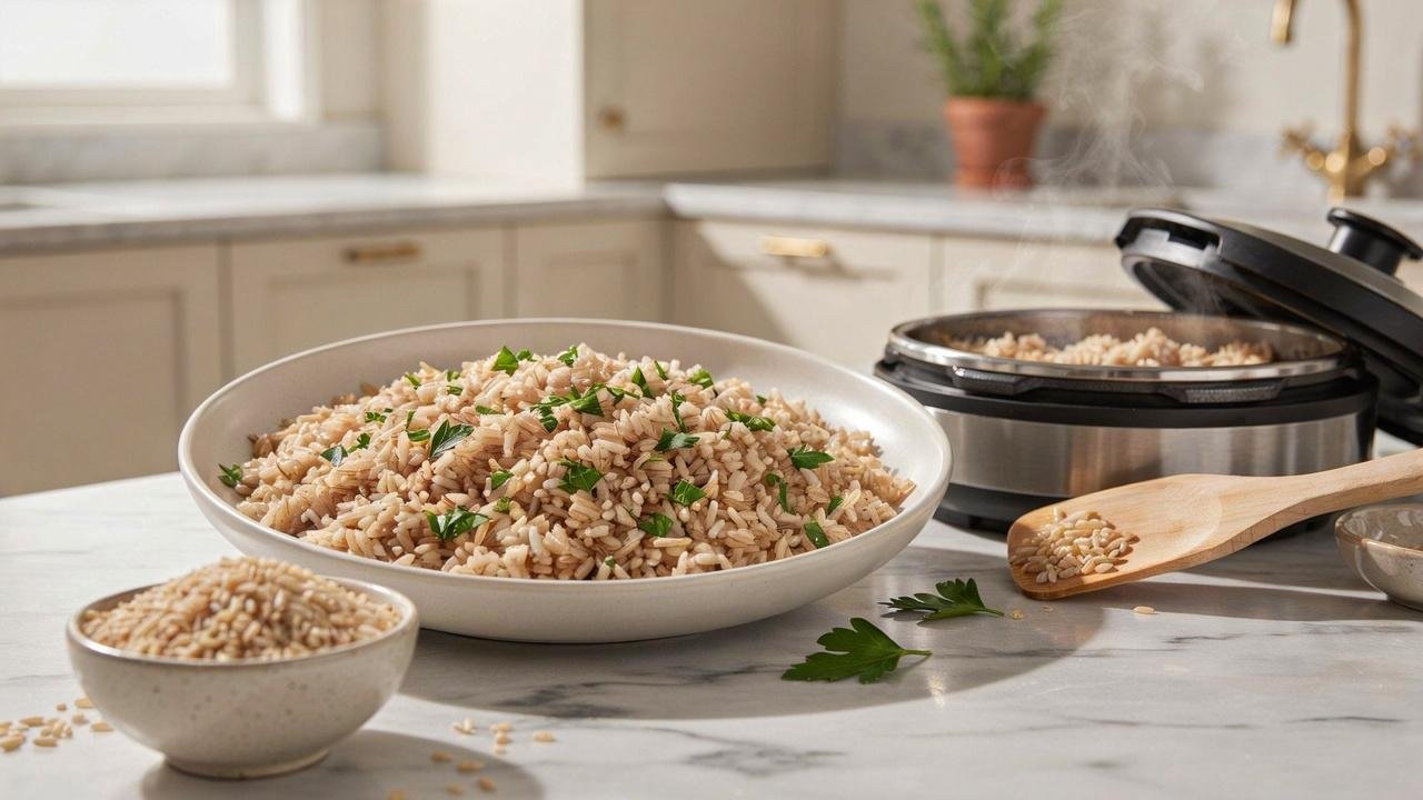 Perfectly cooked fluffy Instant Pot brown basmati rice served in a bowl beside an electric pressure cooker in a bright modern kitchen.