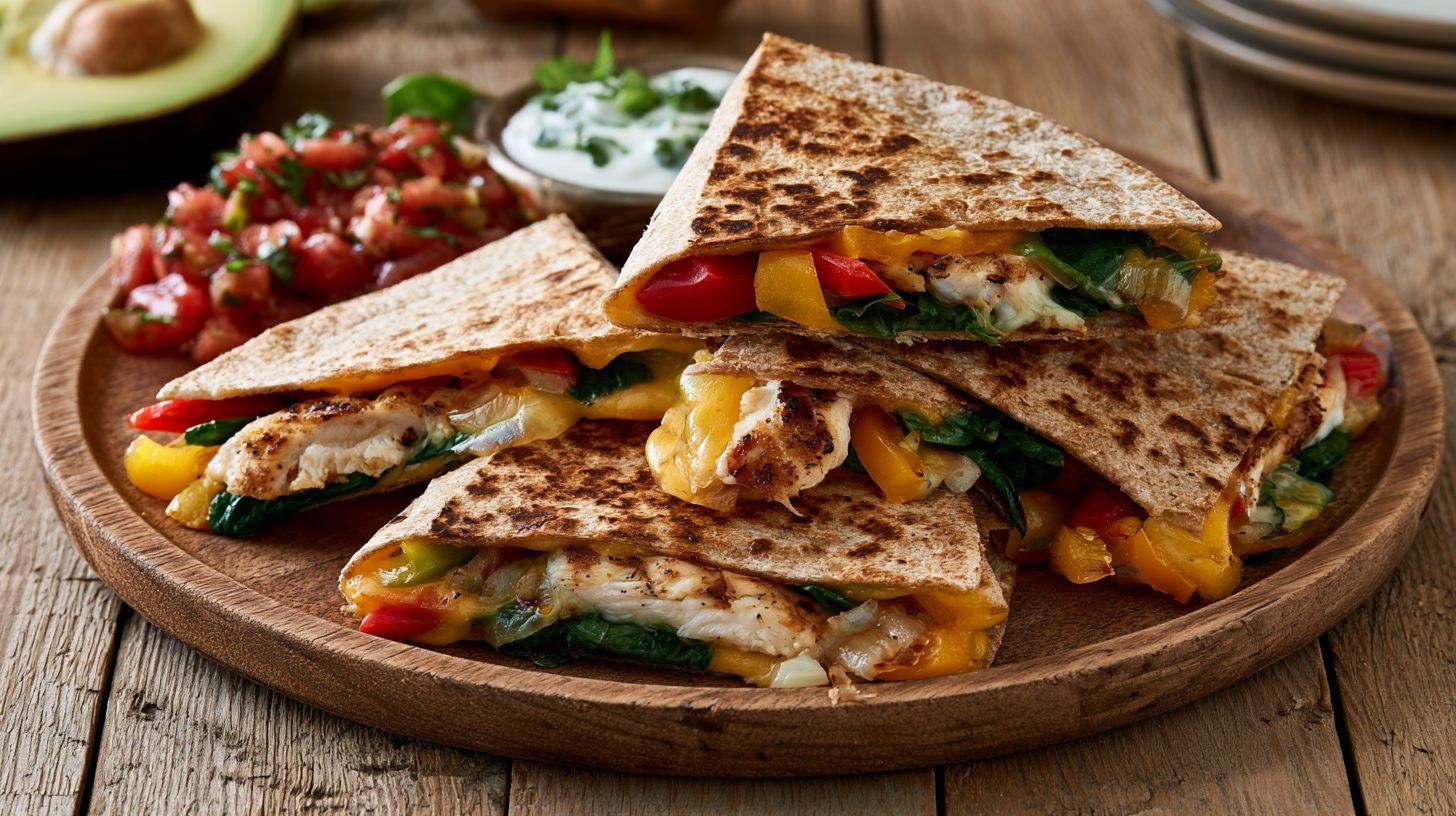 Healthy chicken quesadilla made with whole wheat tortilla, grilled chicken, vegetables, and salsa