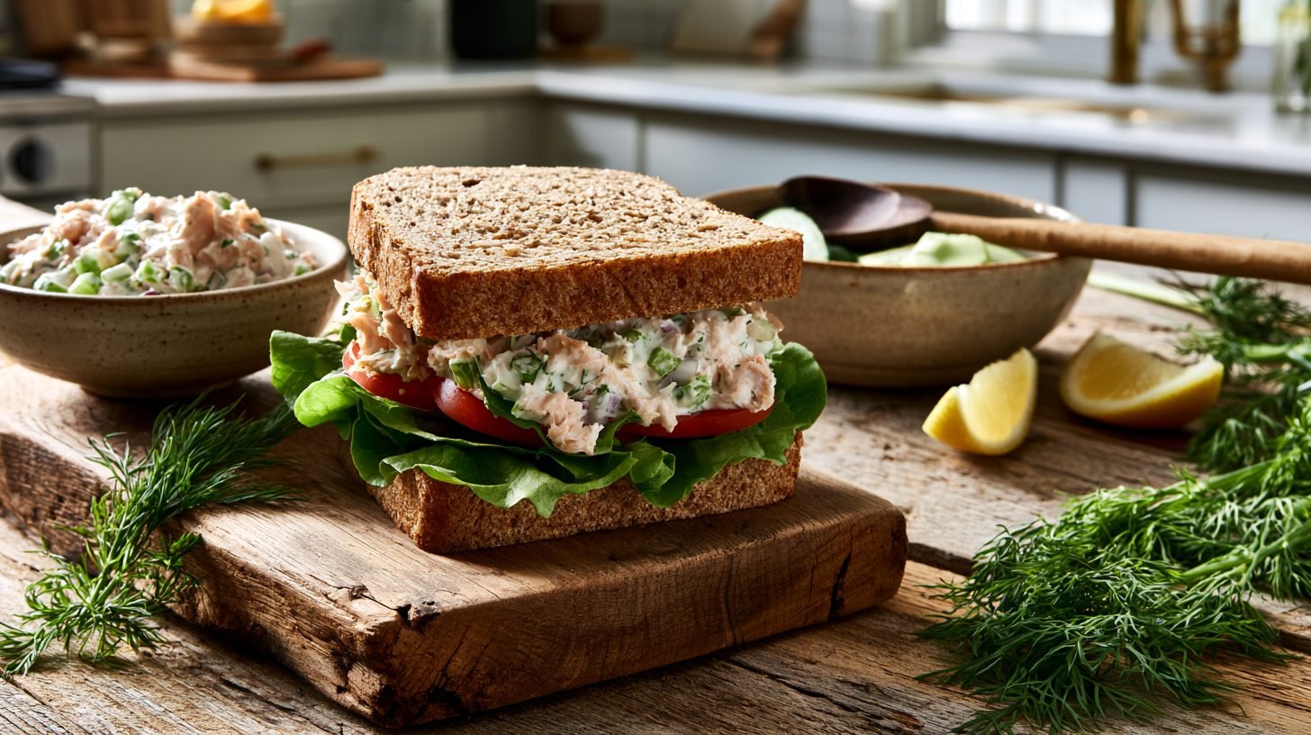 Creamy salmon salad sandwich on toasted bread with fresh lettuce, tomato, and lemon wedges.