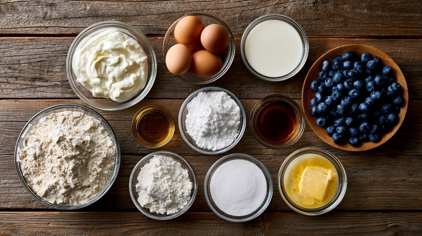 Ingredients needed to make Greek yogurt pancakes from scratch.