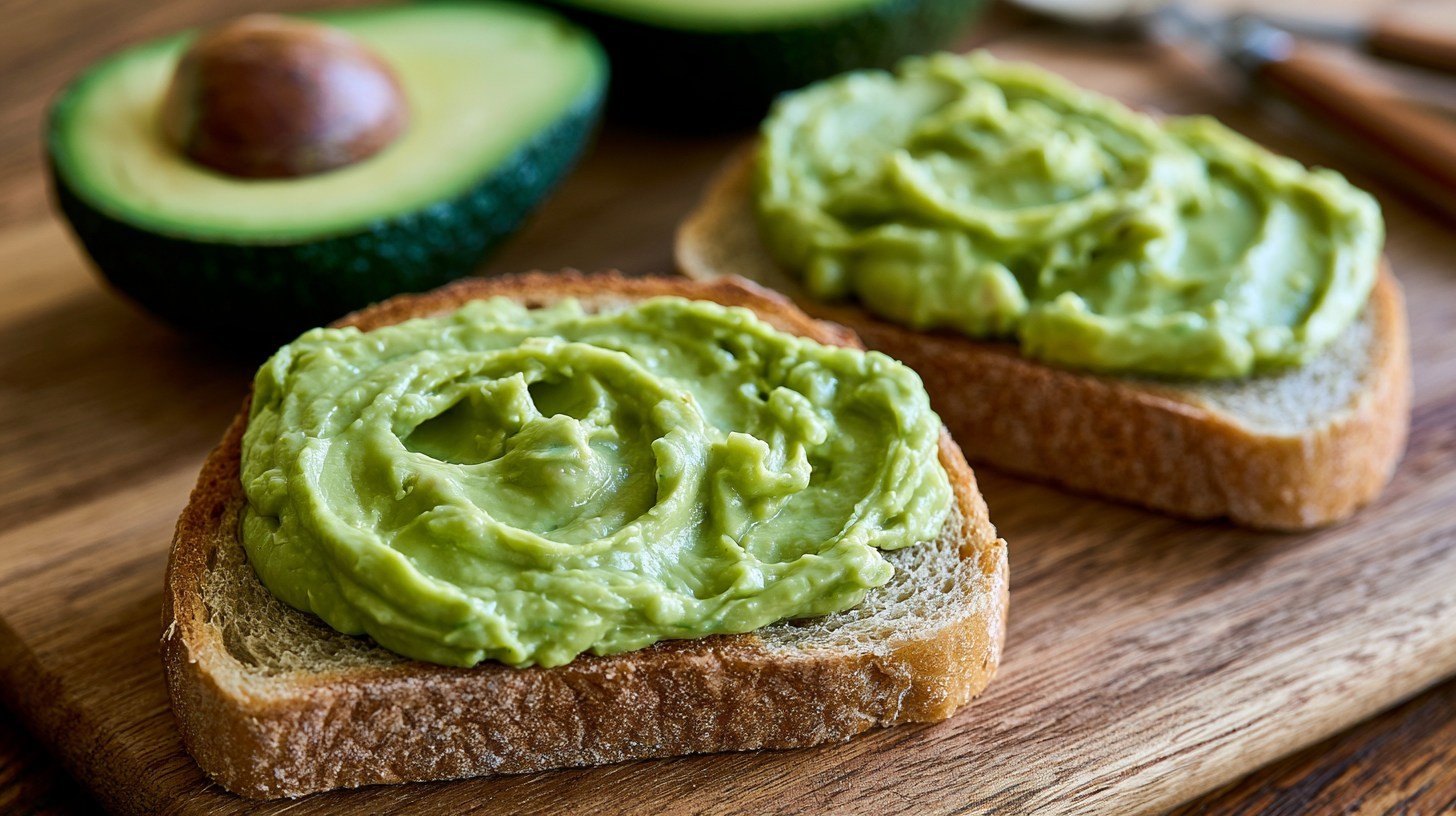 Toasted bread slices spread with creamy green avocado, with a fresh avocado half nearby.
