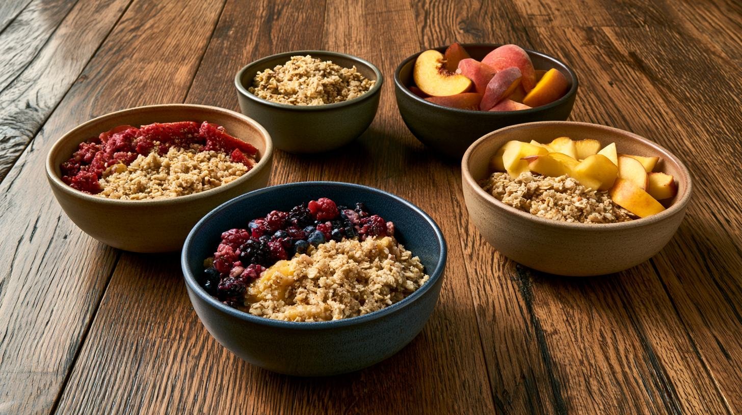 Different healthy peach crisp recipe variations with berries and apples.