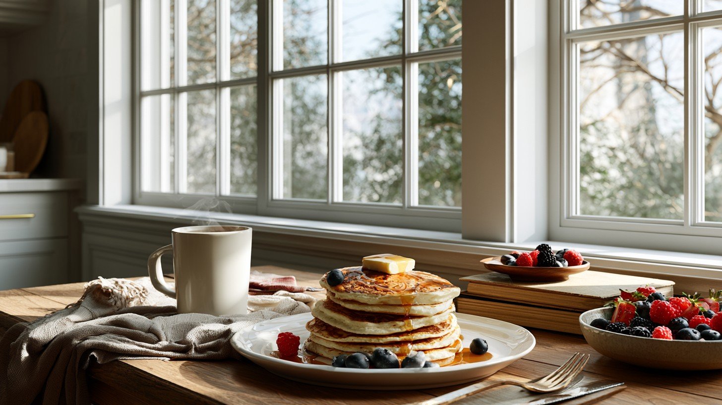 Homemade Greek yogurt pancakes served for a cozy family breakfast.
