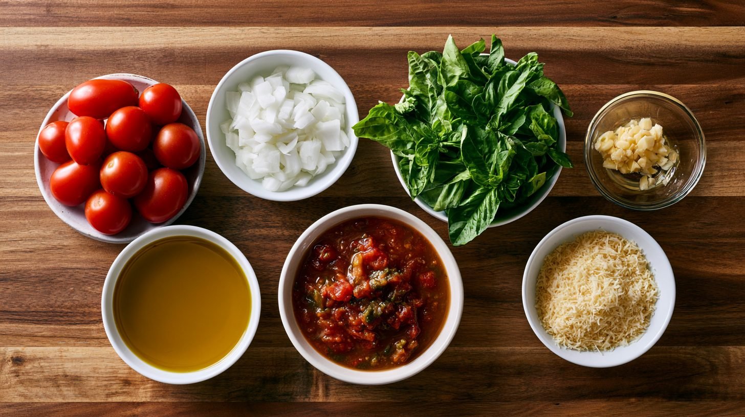 Fresh cherry tomatoes, onion, garlic, basil, broth, and parmesan prepared for making homemade cherry tomato soup.