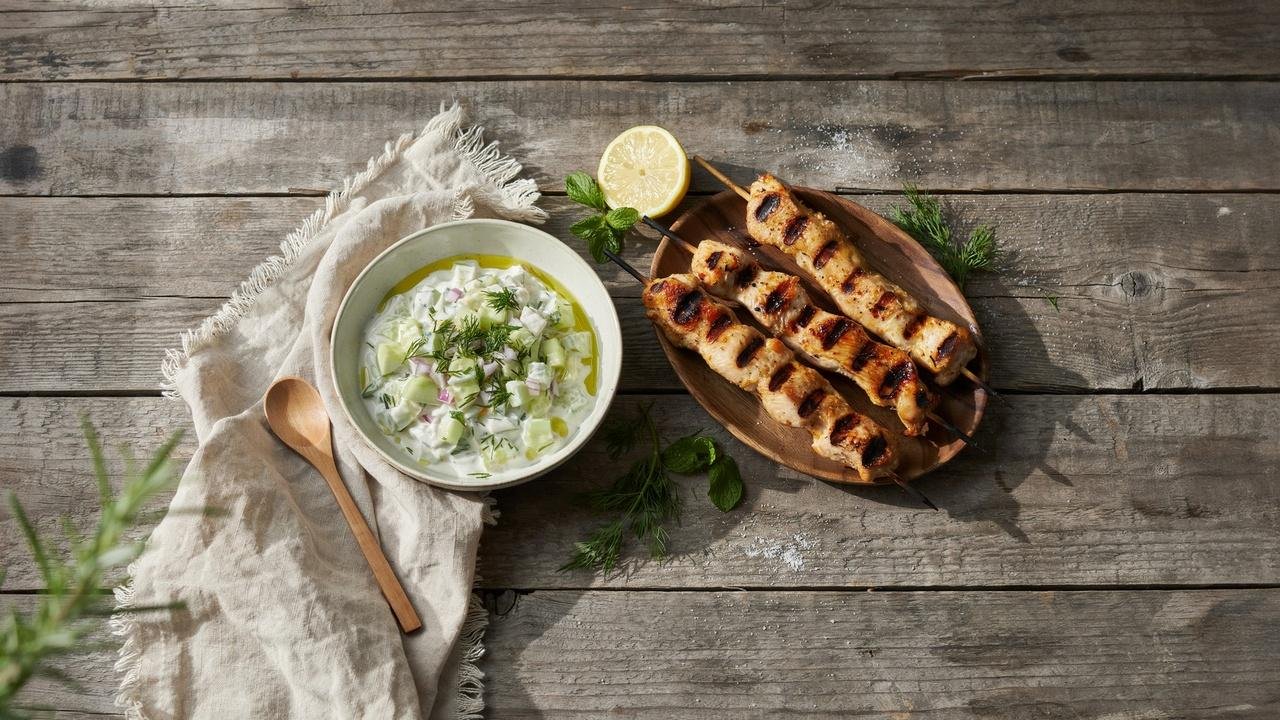 Bowl of creamy cucumber dill yogurt salad served next to grilled chicken skewers on a wooden table.