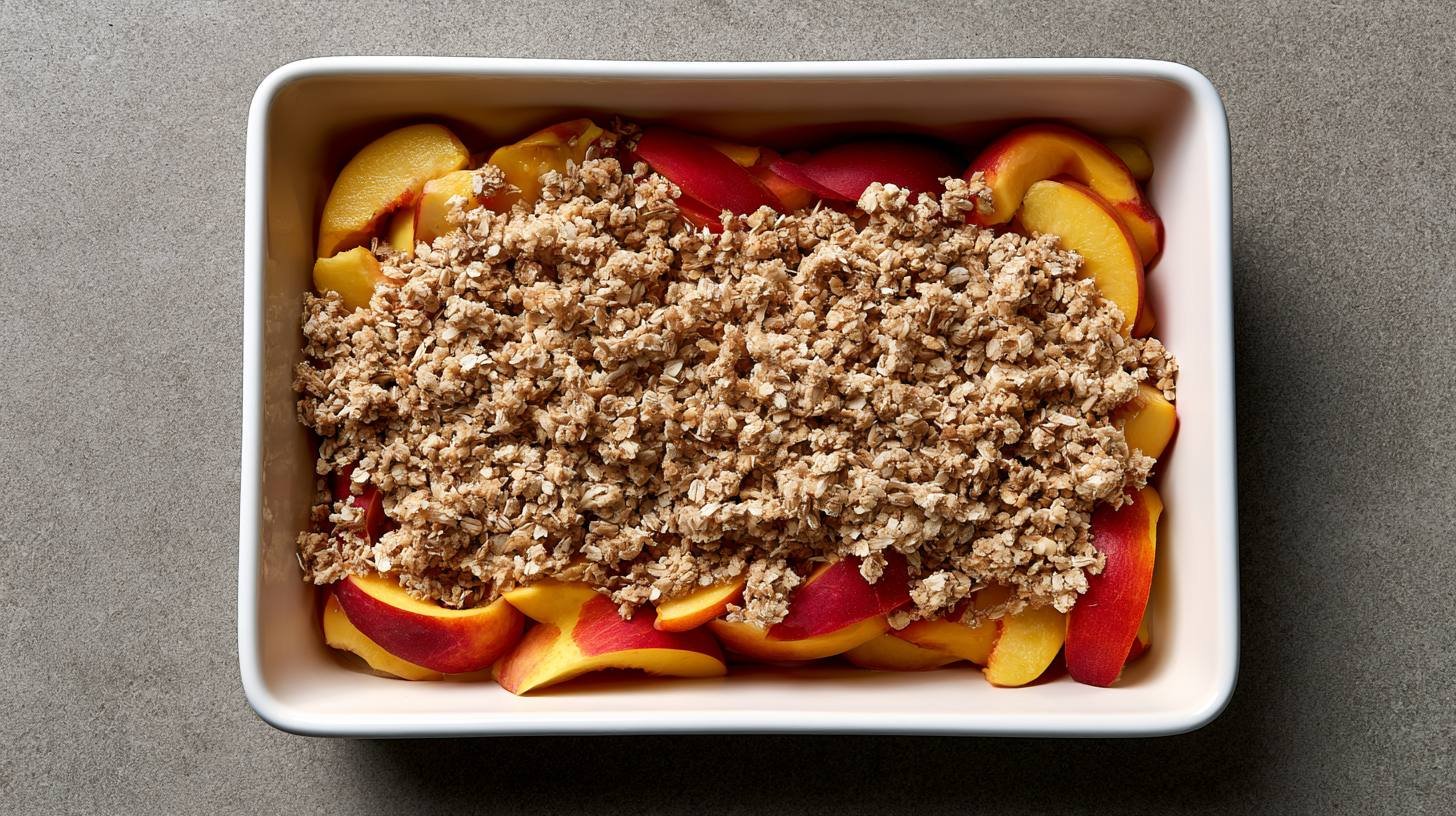 Peach crisp assembled with oat topping before baking.