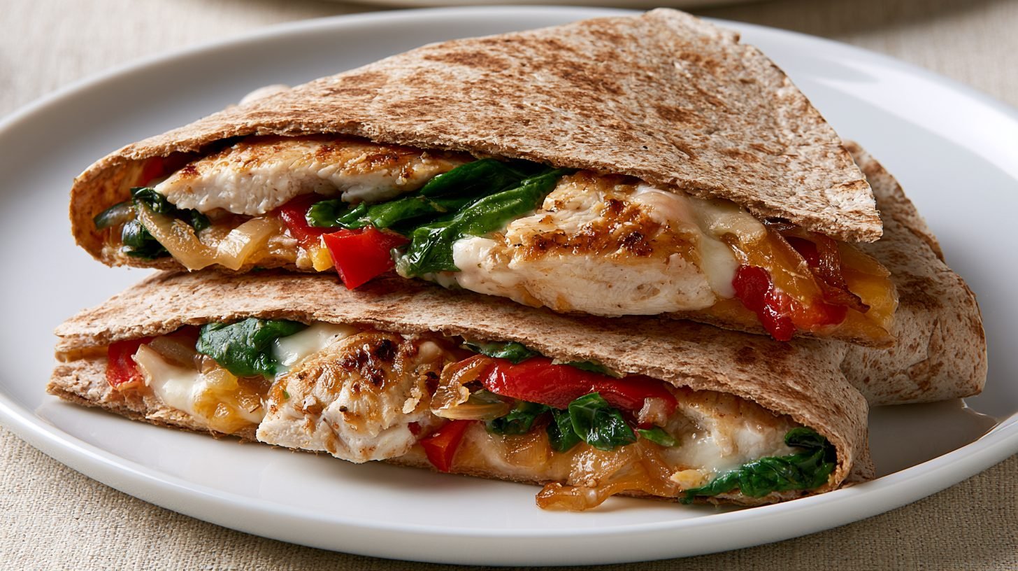 Healthy chicken quesadilla with lean chicken and vegetables inside a whole wheat tortilla