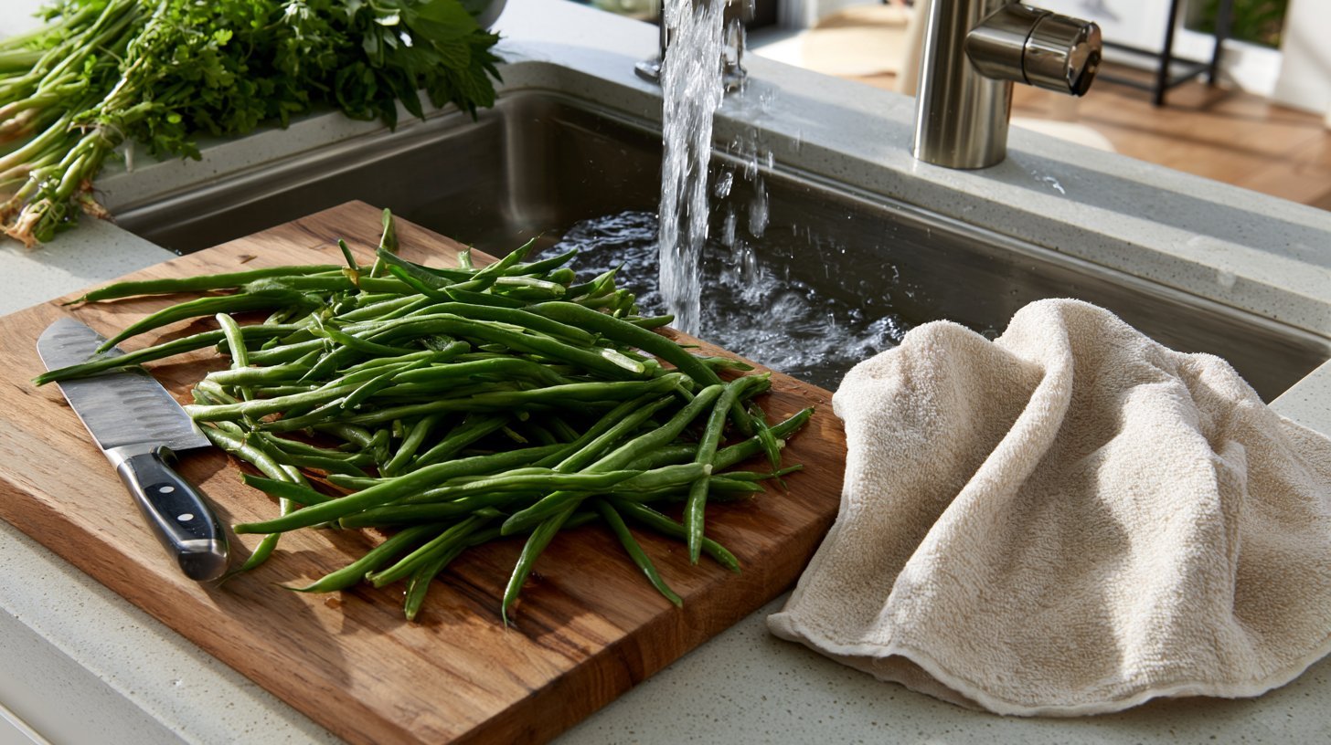 Fresh green beans being washed, trimmed, and dried before roasting.