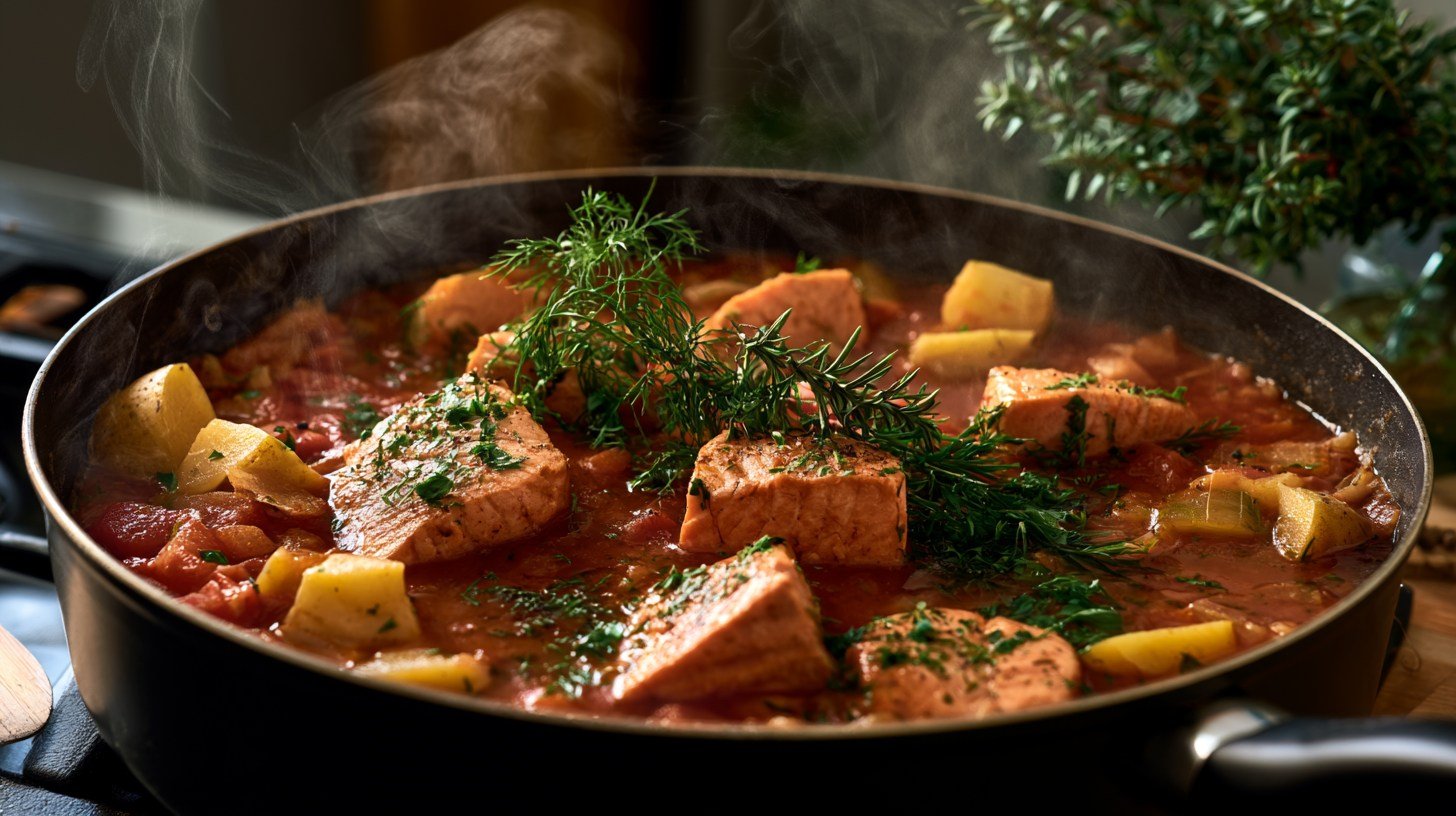 Salmon simmering gently in the stew.