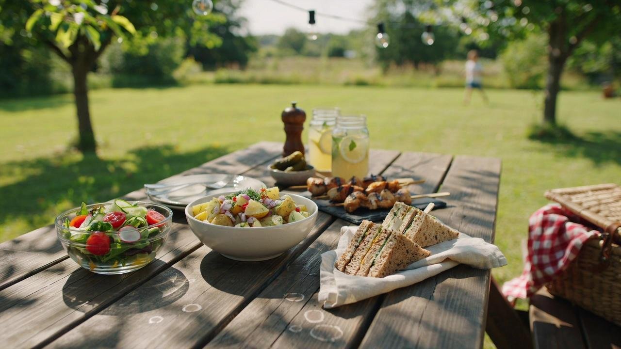 Healthy potato salad served alongside grilled chicken, a green salad, and sandwiches.