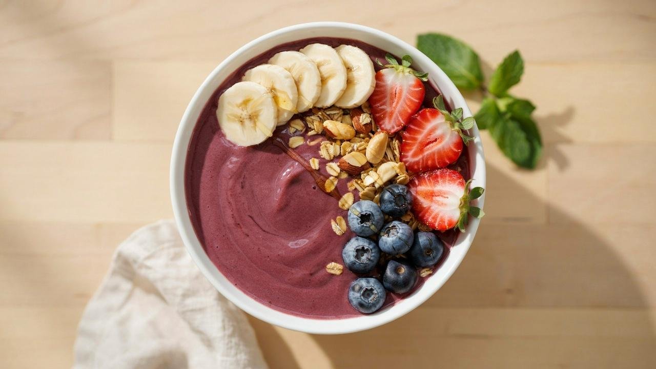 Thick creamy acai bowl topped with banana, berries, granola, and almond butter on a wooden table.