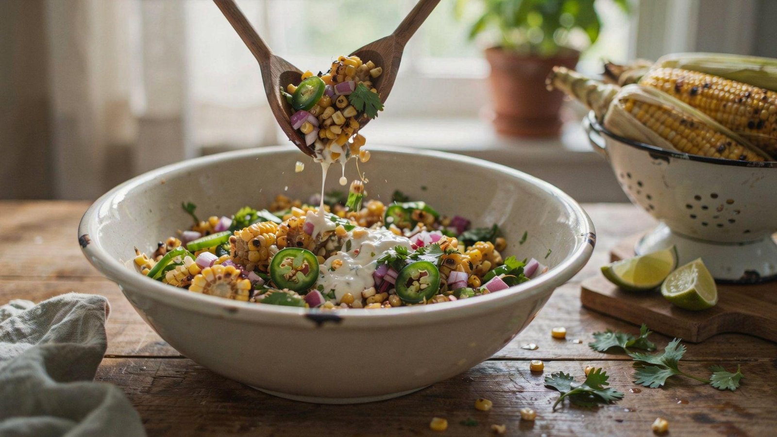 Fresh grilled corn mixed with Greek yogurt, cilantro, onion, jalapeño, and lime in a bowl.
