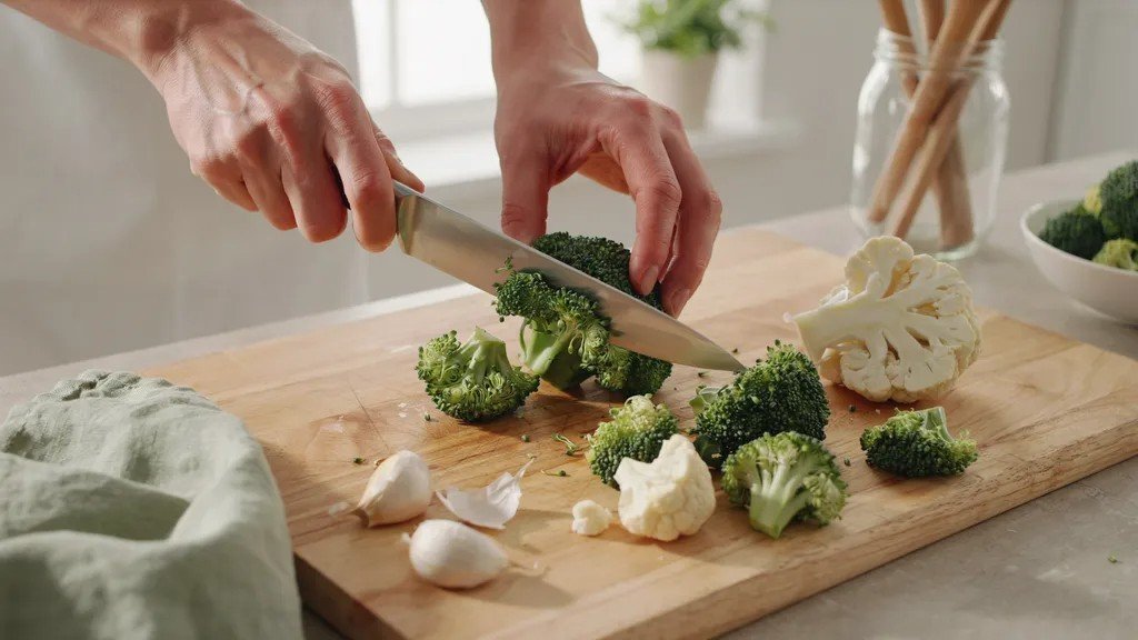 Cooking sauteed broccoli and cauliflower in a skillet.