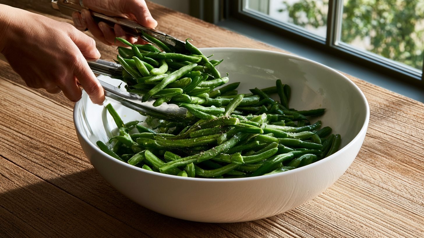 Green beans tossed with olive oil, salt, and black pepper before roasting.