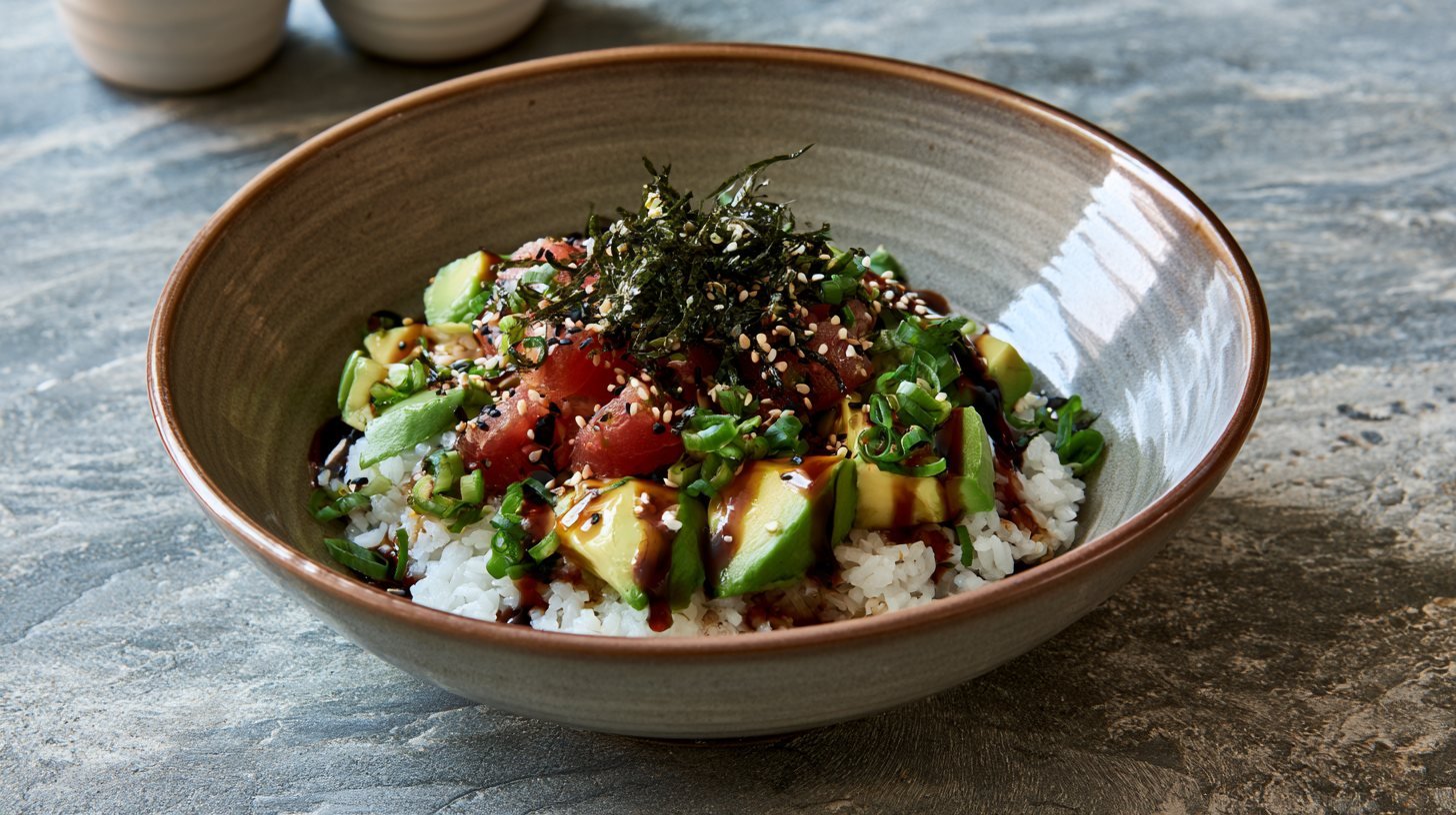 Finished tuna avocado rice bowl ready to serve.