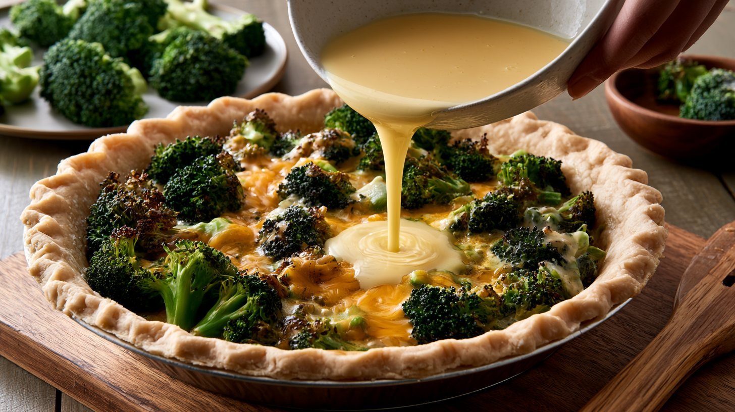 Assembling broccoli quiche before baking.