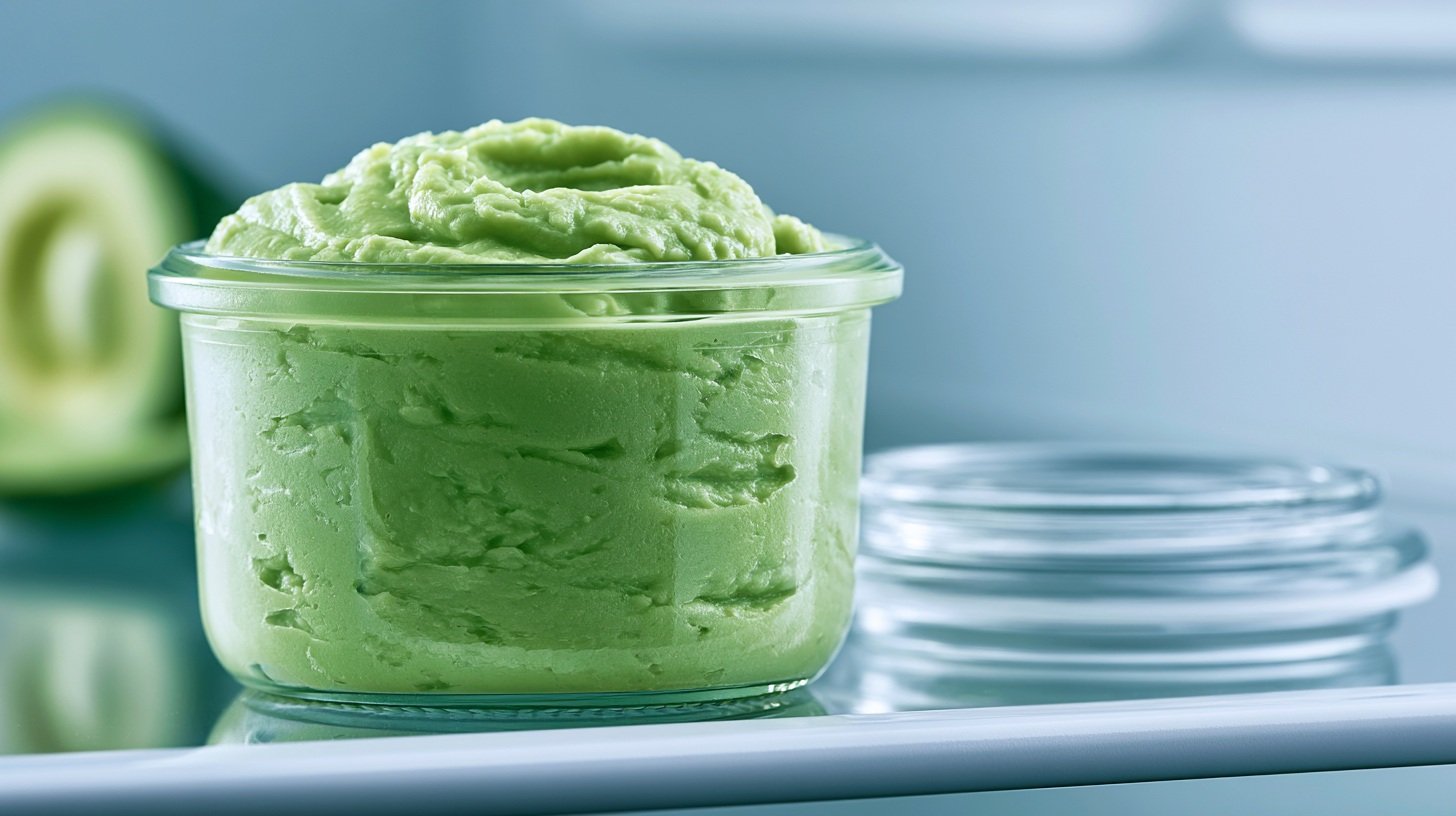 Glass container filled with blended avocado and garlic paste, smooth creamy green texture, sitting inside a fridge shelf.