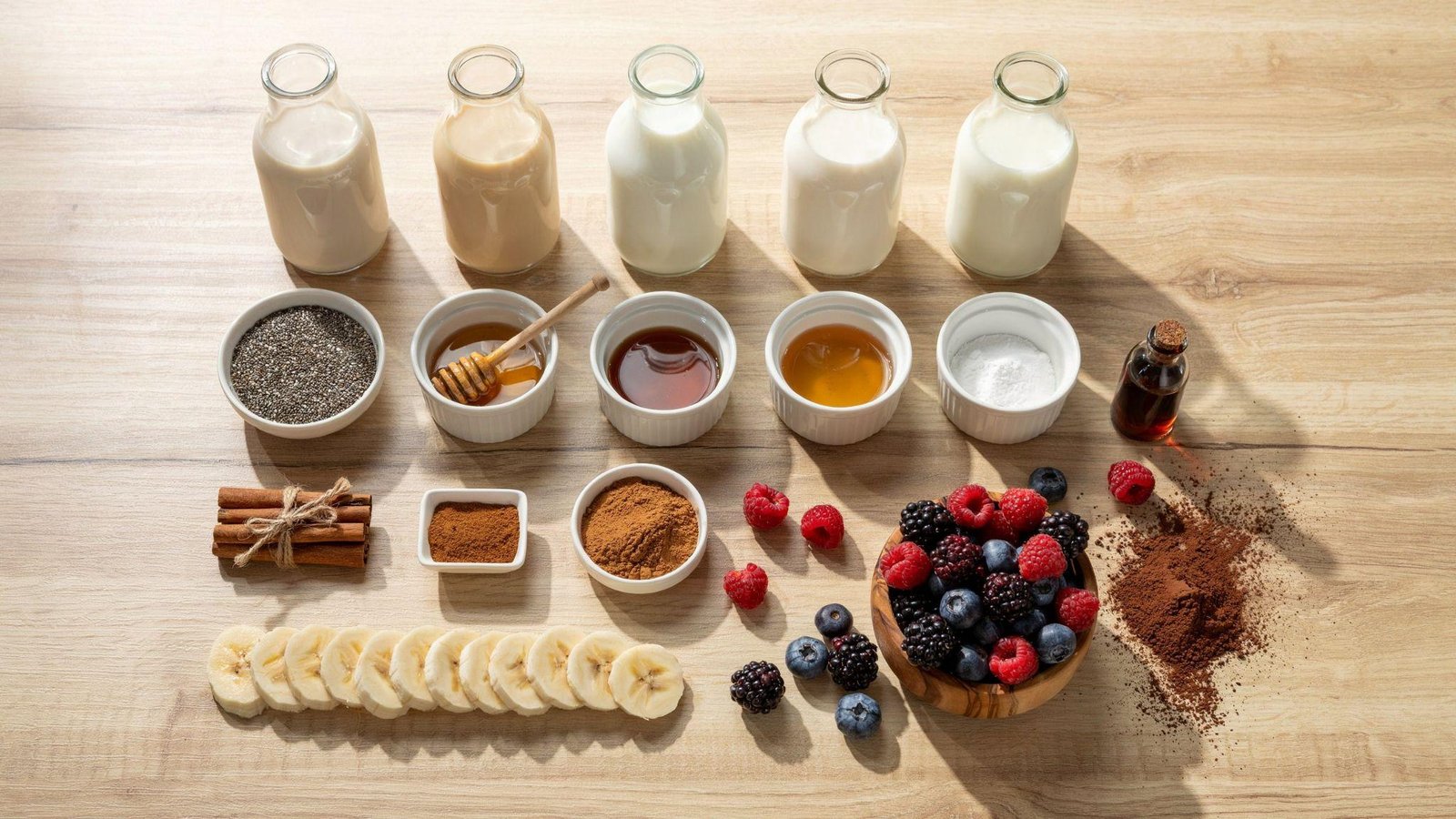 Chia seeds, milk choices, natural sweeteners, vanilla, cinnamon, cocoa powder, and fresh fruit ingredients arranged.