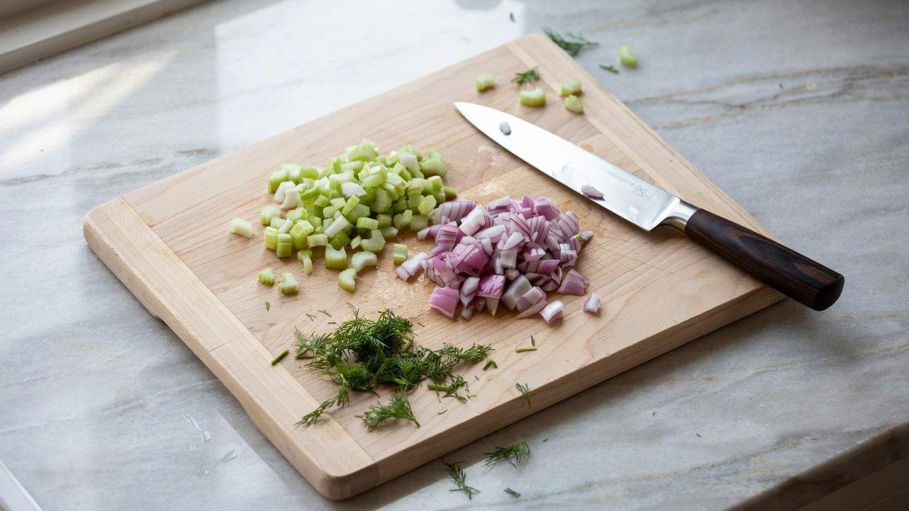 Chopped celery, red onion, and fresh dill prepared on a cutting board for potato salad.