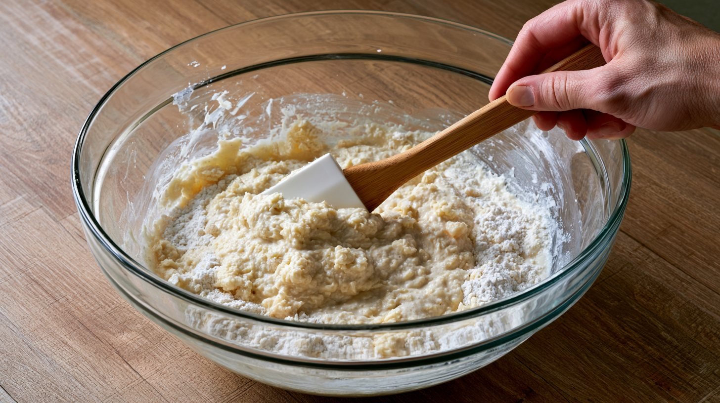 Combining wet and dry ingredients into pancake batter.