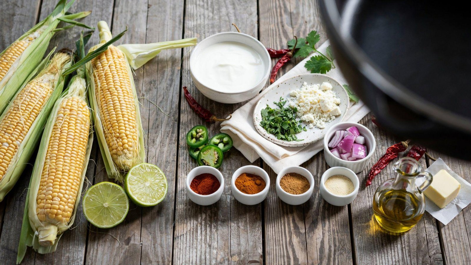 Fresh corn, Greek yogurt, cotija cheese, lime, cilantro, spices, onion, jalapeño, butter, and olive oil arranged.