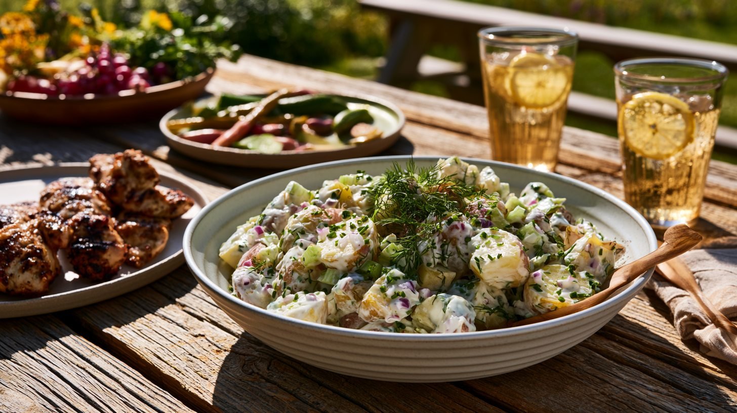 Healthy potato salad with Greek yogurt, fresh herbs, and vegetables served as a light summer side dish.