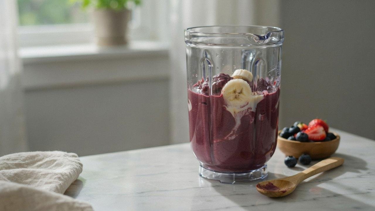 A close up shot of a blender jug filled with a frozen acai, sliced frozen banana, and a splash of plant based milk.