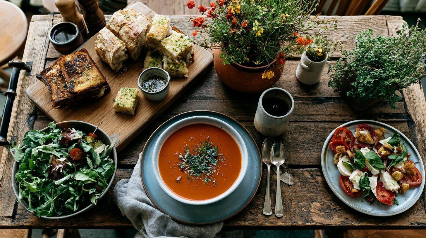 Cherry tomato soup served with grilled cheese, crusty bread, fresh salad, and homemade croutons.