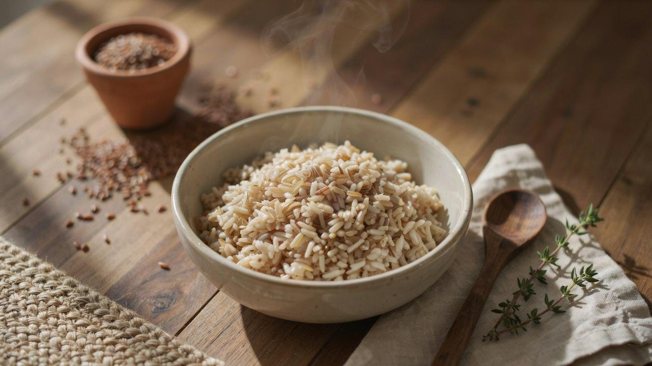 Perfectly cooked fluffy brown basmati rice in a rustic bowl with long separate grains on a wooden table in natural light.