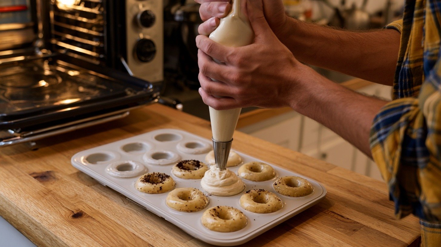 Filling donut molds with batter before baking.