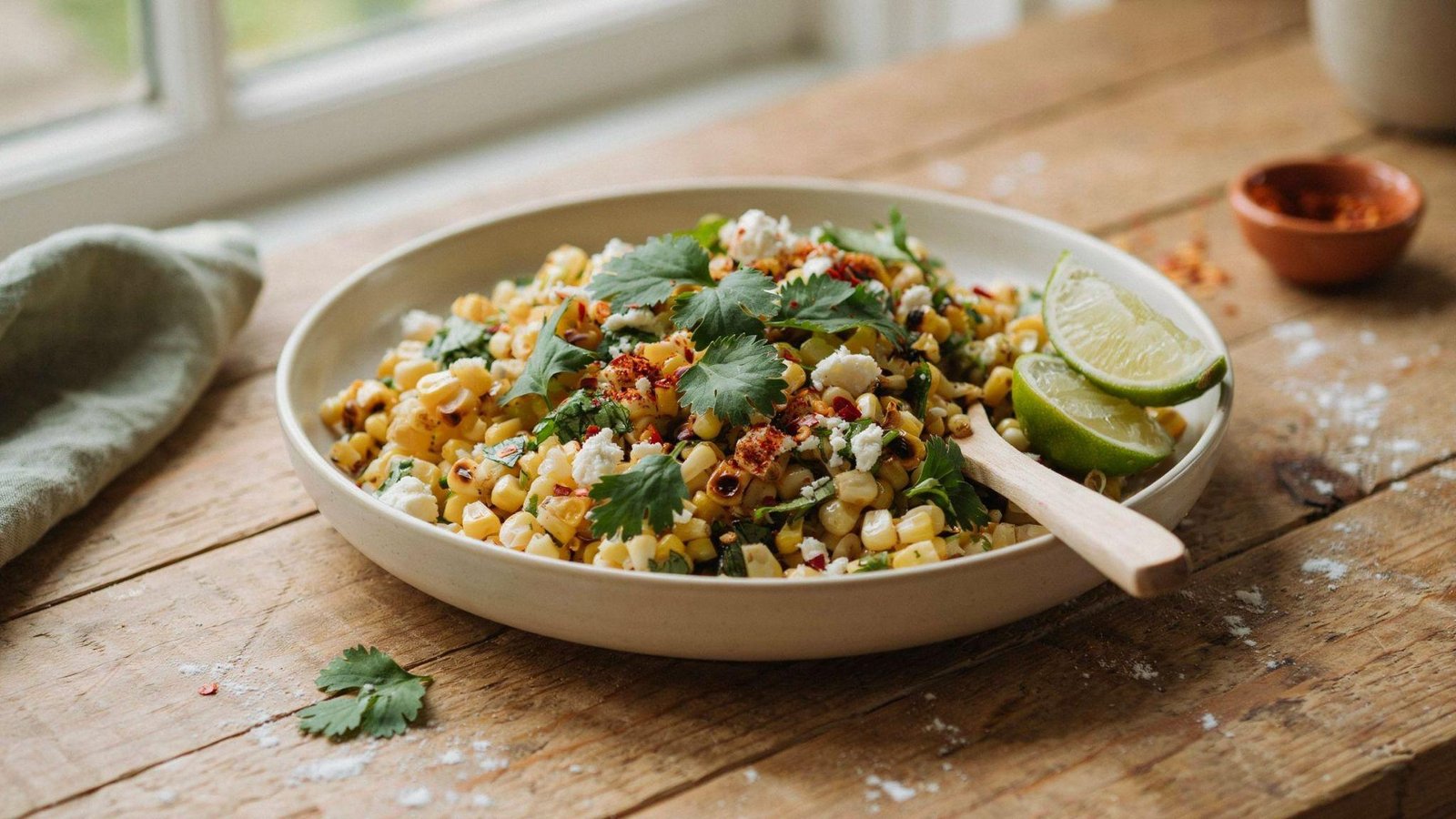 Healthy Mexican street corn salad garnished with cilantro, lime, cotija cheese, and chili powder ready.