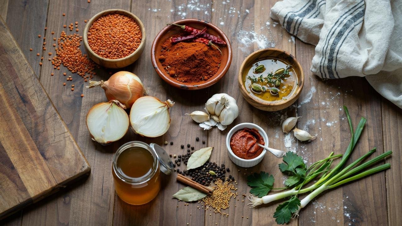 Ingredients needed for an authentic Misir Wot recipe.