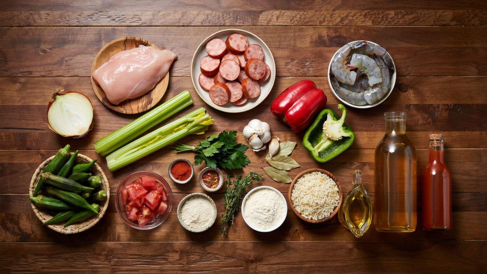 Healthy gumbo ingredients with lean proteins, vegetables, whole wheat flour, broth, herbs, spices, and rice.
