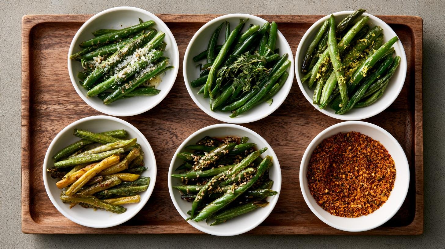 Roasted green beans with garlic Parmesan, lemon herbs, sesame soy, brown butter, and Cajun seasonings.